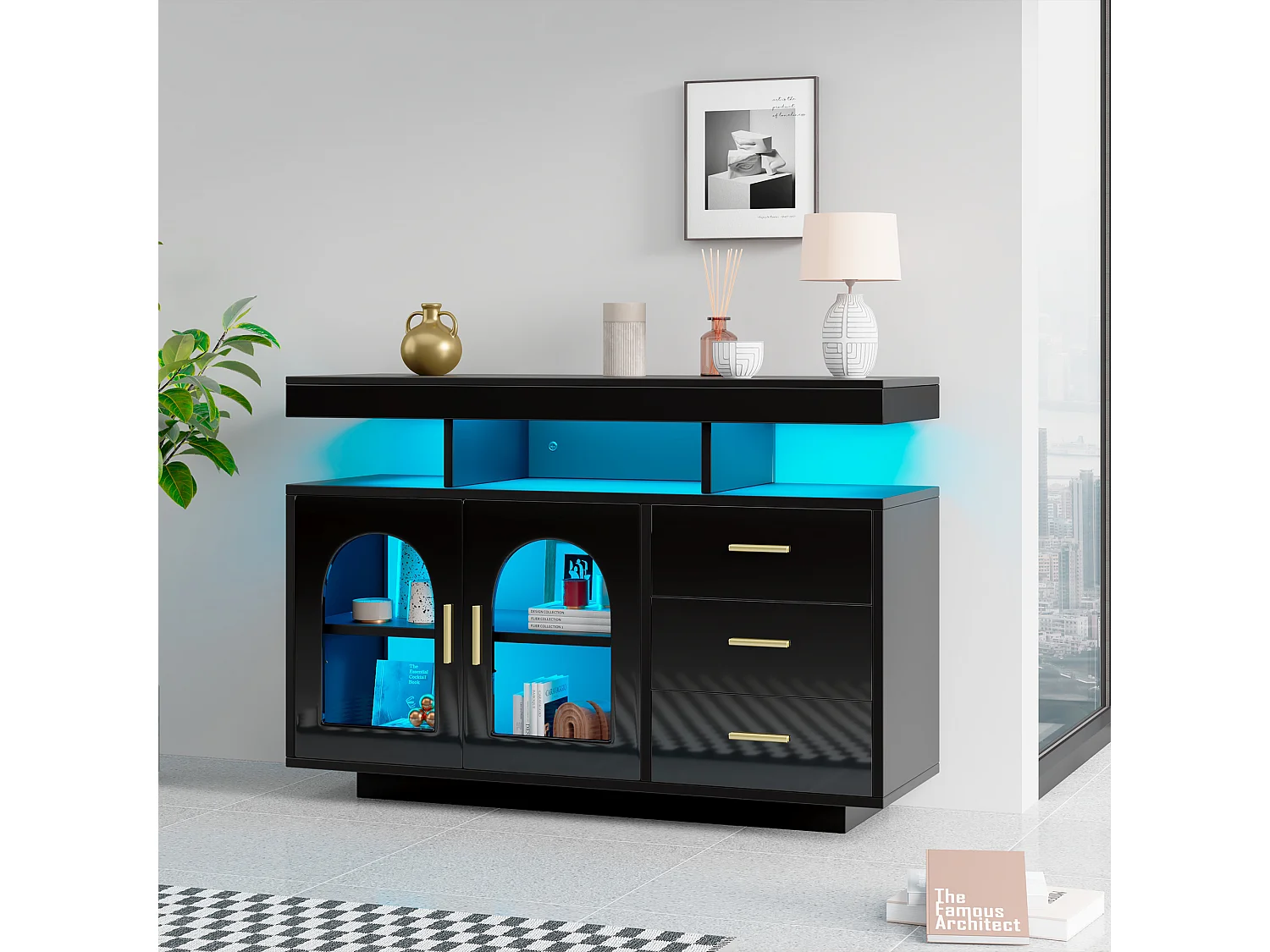 Buffet de salon avec 3 tiroirs et 2 portes - 120 x 40 x 80 cm - LEDs - Panneaux de particules - Noir