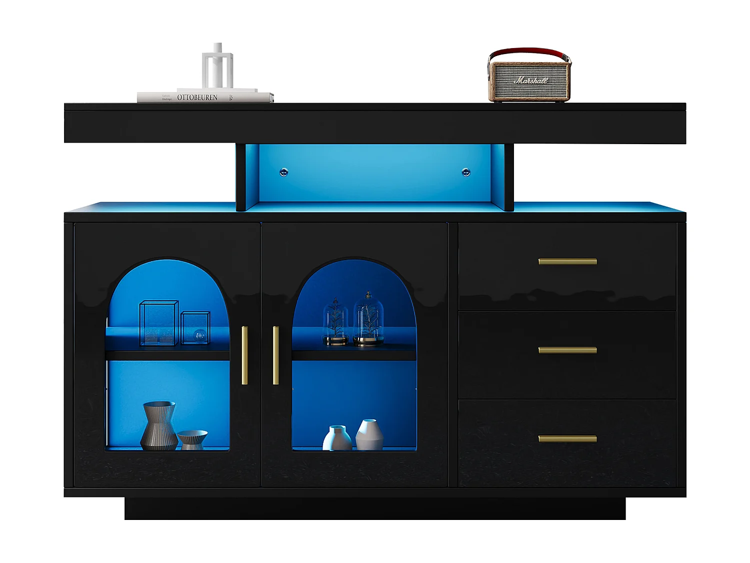 Buffet de salon avec 3 tiroirs et 2 portes - 120 x 40 x 80 cm - LEDs - Panneaux de particules - Noir