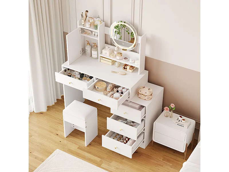 Coiffeuse blanche avec 5 tiroirs, miroir et tabouret, éclairage LED et 1 porte, poignées dorées