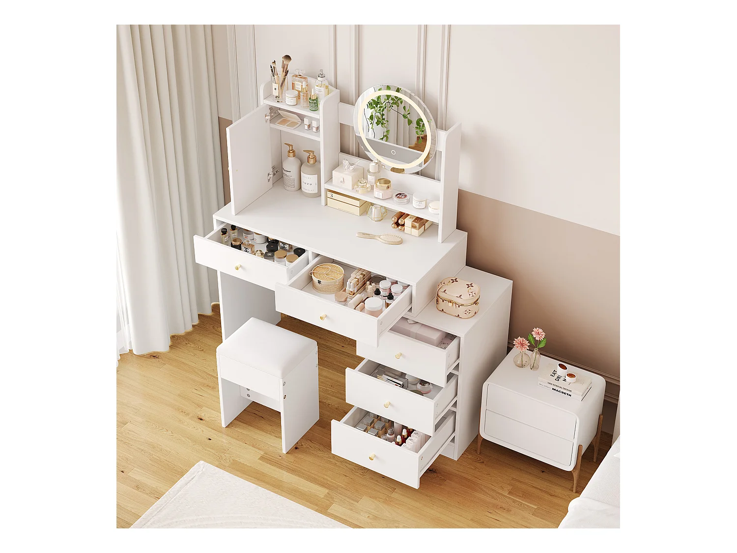 Coiffeuse blanche avec 5 tiroirs, miroir et tabouret, éclairage LED et 1 porte, poignées dorées