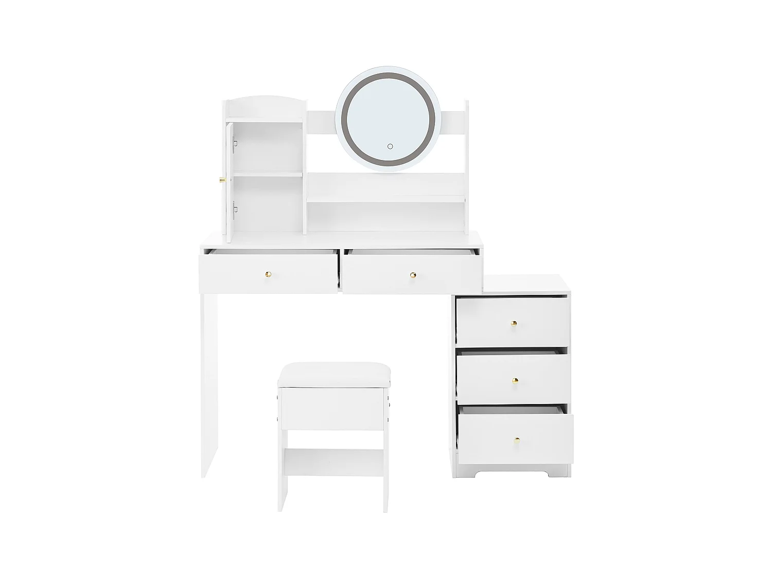 Coiffeuse blanche avec 5 tiroirs, miroir et tabouret, éclairage LED et 1 porte, poignées dorées
