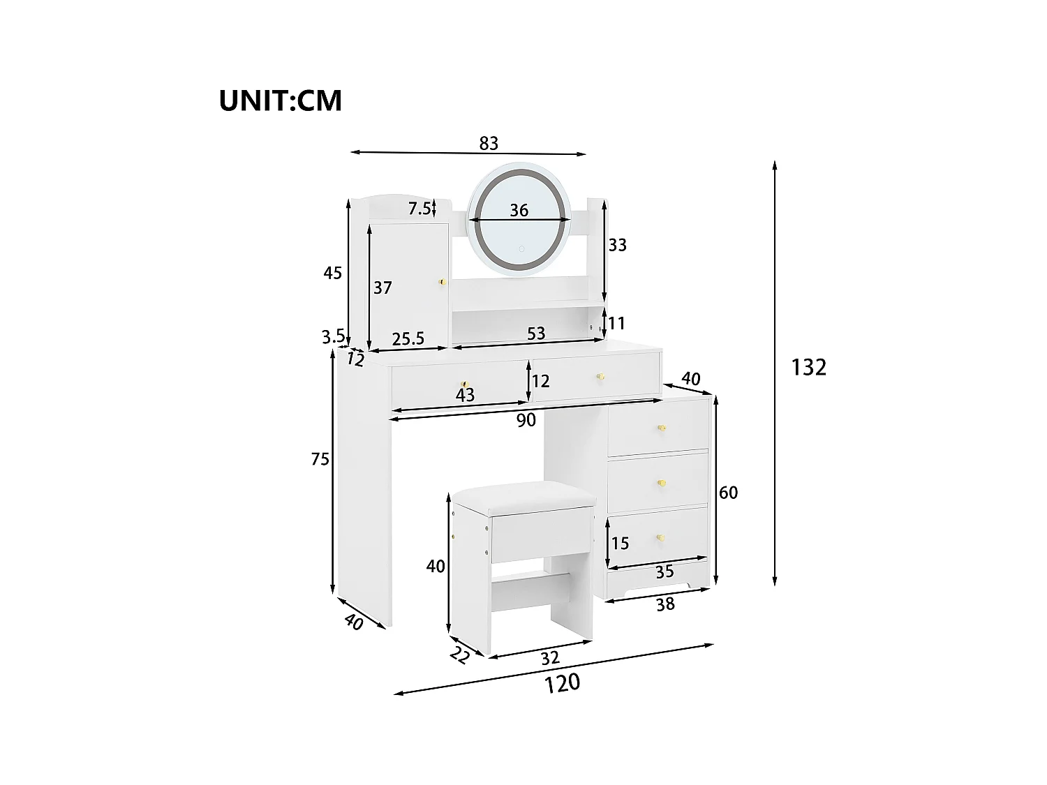 Coiffeuse blanche avec 5 tiroirs, miroir et tabouret, éclairage LED et 1 porte, poignées dorées