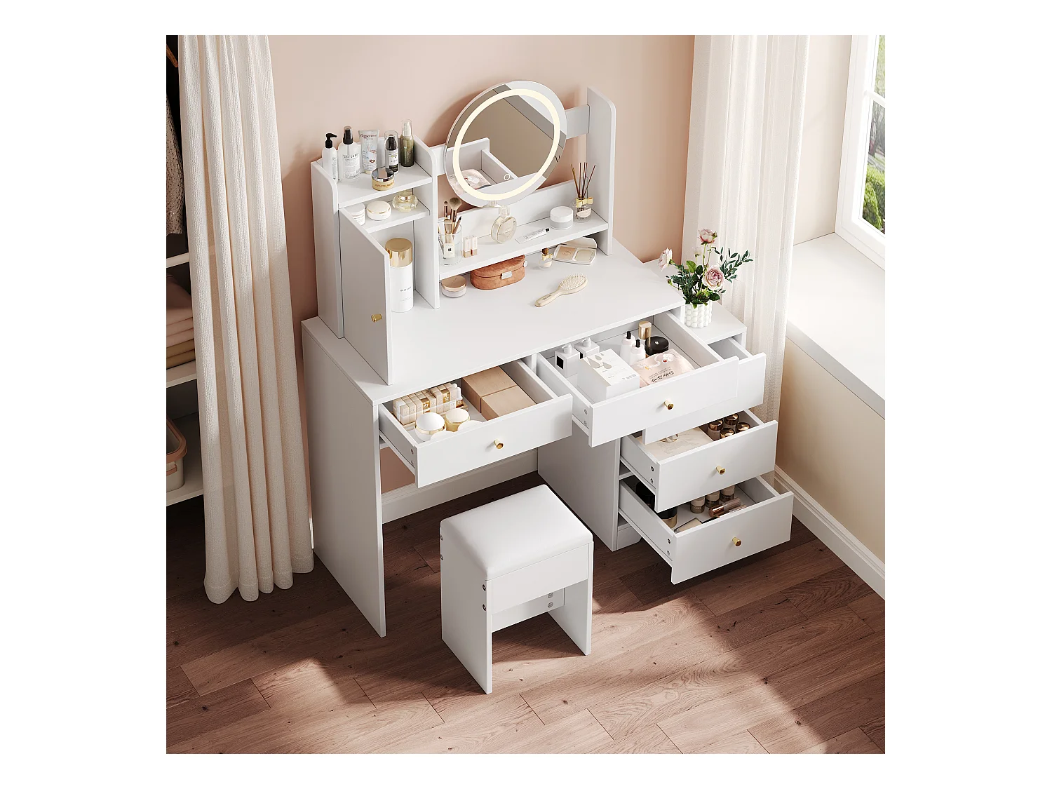 Coiffeuse blanche avec 5 tiroirs, miroir et tabouret, éclairage LED et 1 porte, poignées dorées