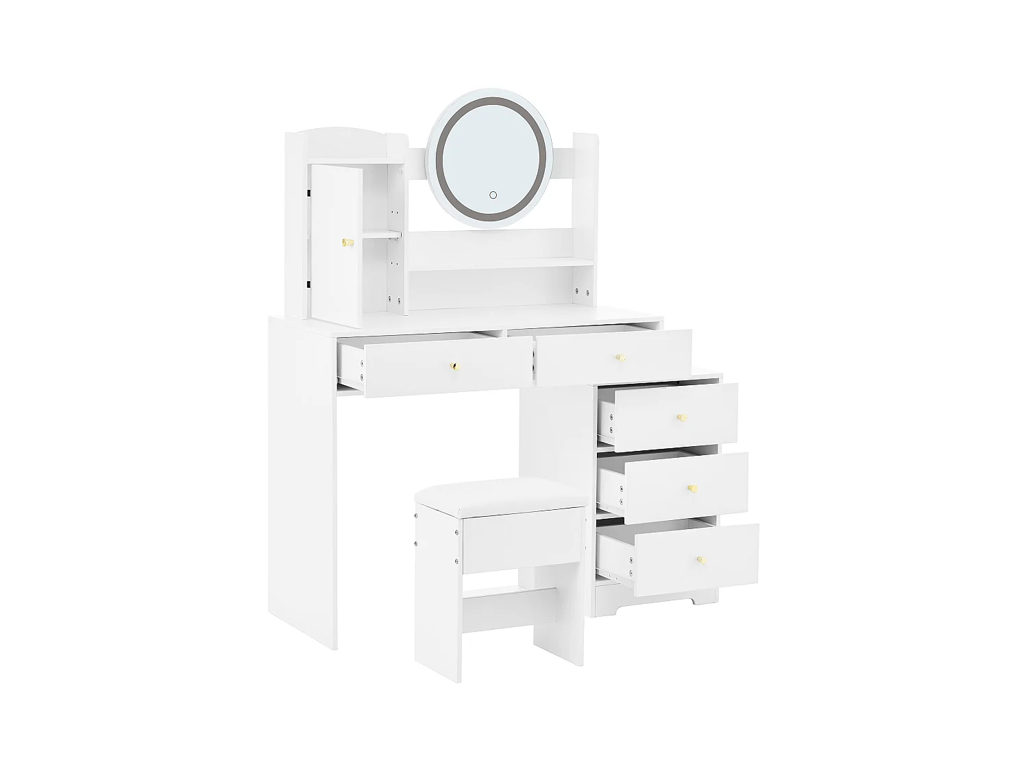 Coiffeuse blanche avec 5 tiroirs, miroir et tabouret, éclairage LED et 1 porte, poignées dorées