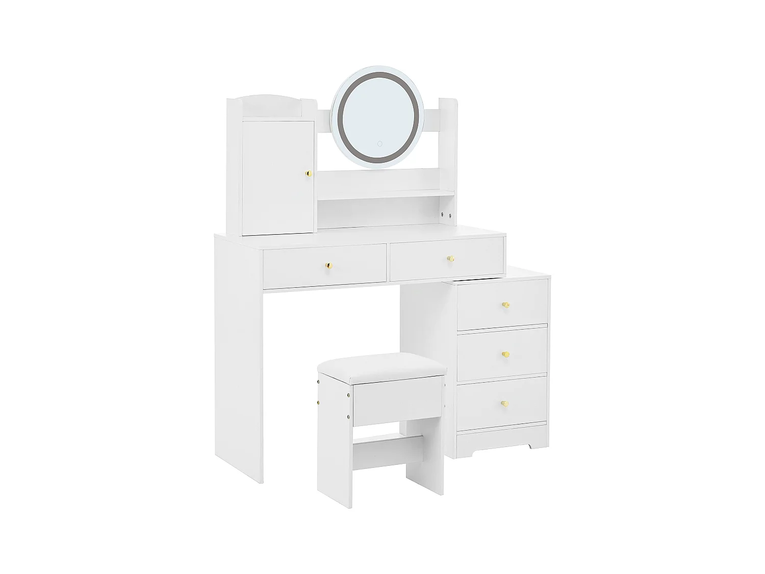 Coiffeuse blanche avec 5 tiroirs, miroir et tabouret, éclairage LED et 1 porte, poignées dorées