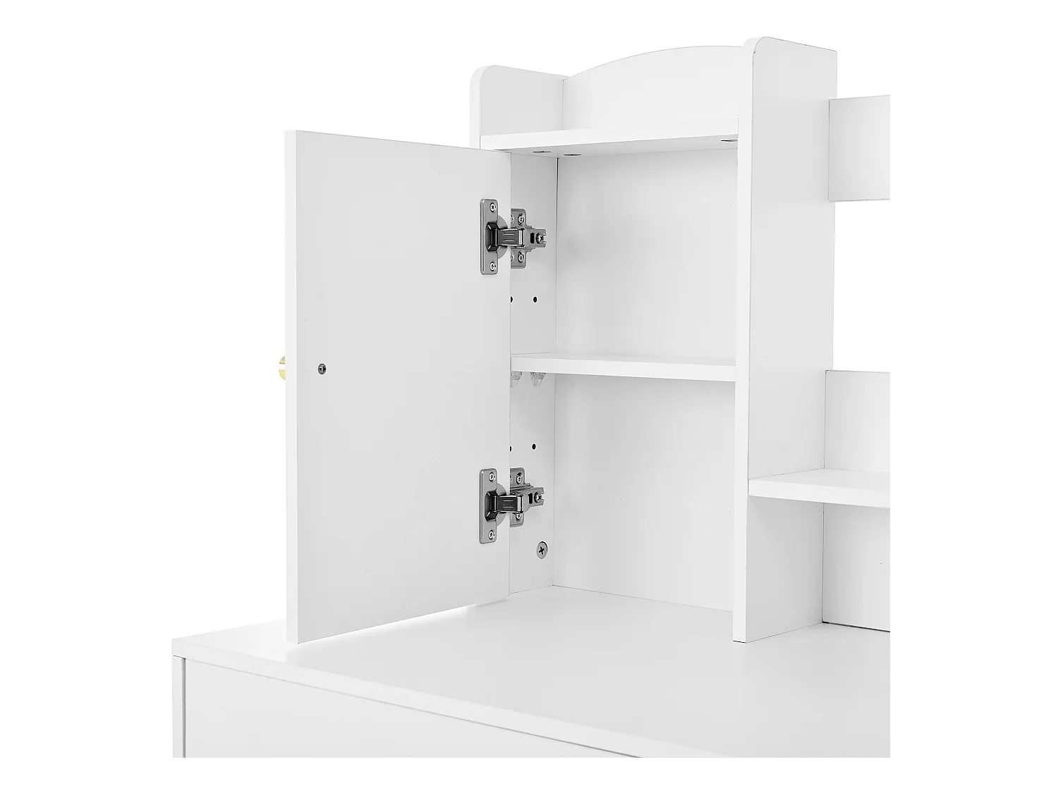 Coiffeuse blanche avec 5 tiroirs, miroir et tabouret, éclairage LED et 1 porte, poignées dorées