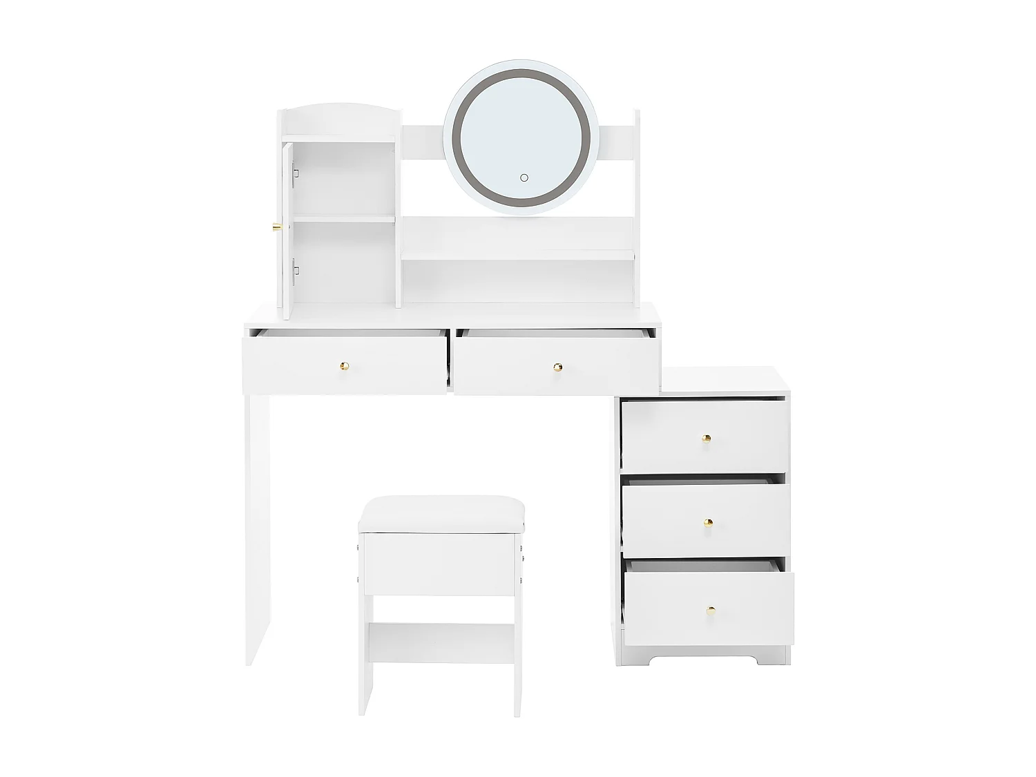 Coiffeuse blanche avec 5 tiroirs, miroir et tabouret, éclairage LED et 1 porte, poignées dorées