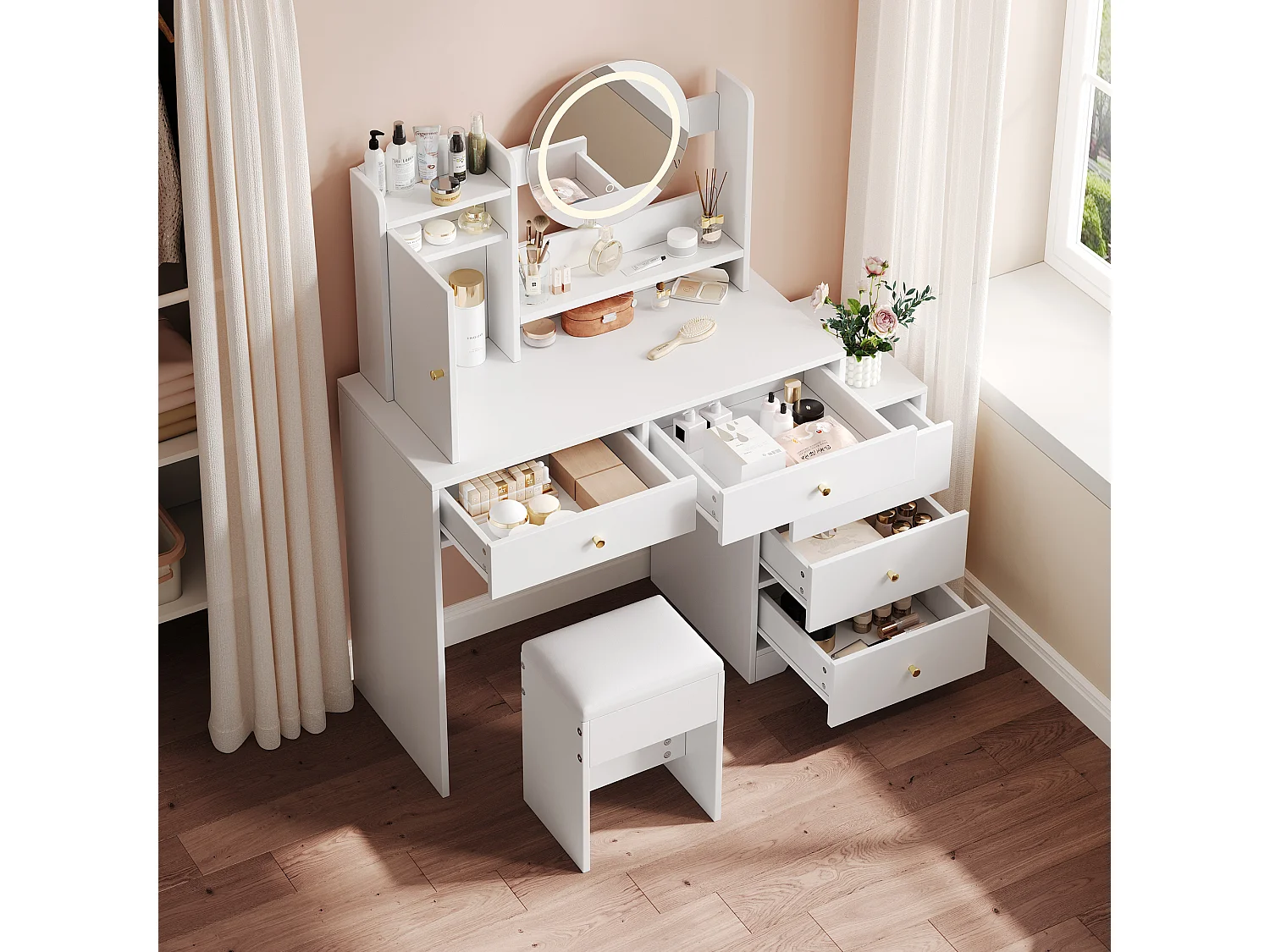 Coiffeuse blanche avec 5 tiroirs, miroir et tabouret, éclairage LED et 1 porte, poignées dorées