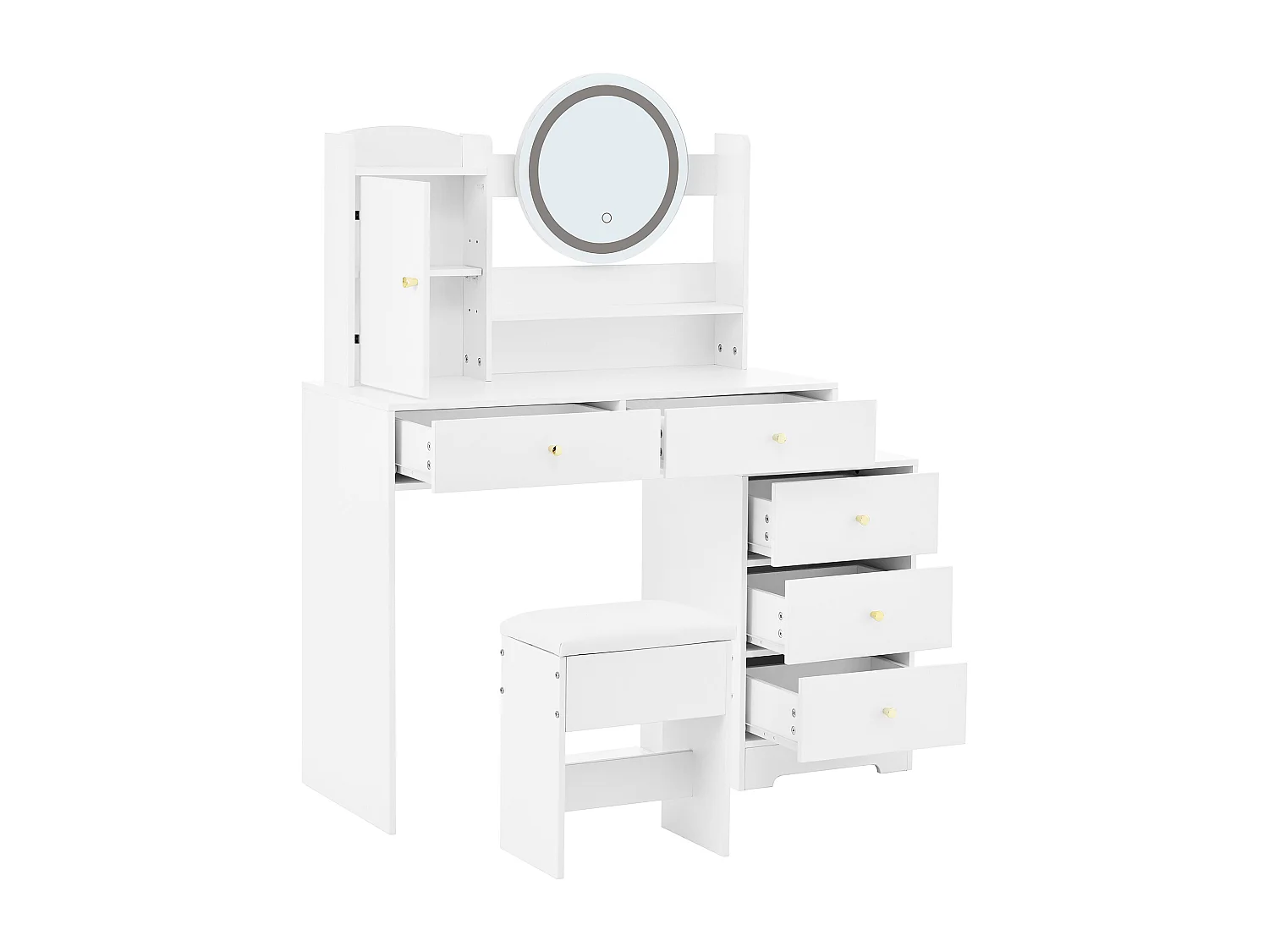Coiffeuse blanche avec 5 tiroirs, miroir et tabouret, éclairage LED et 1 porte, poignées dorées