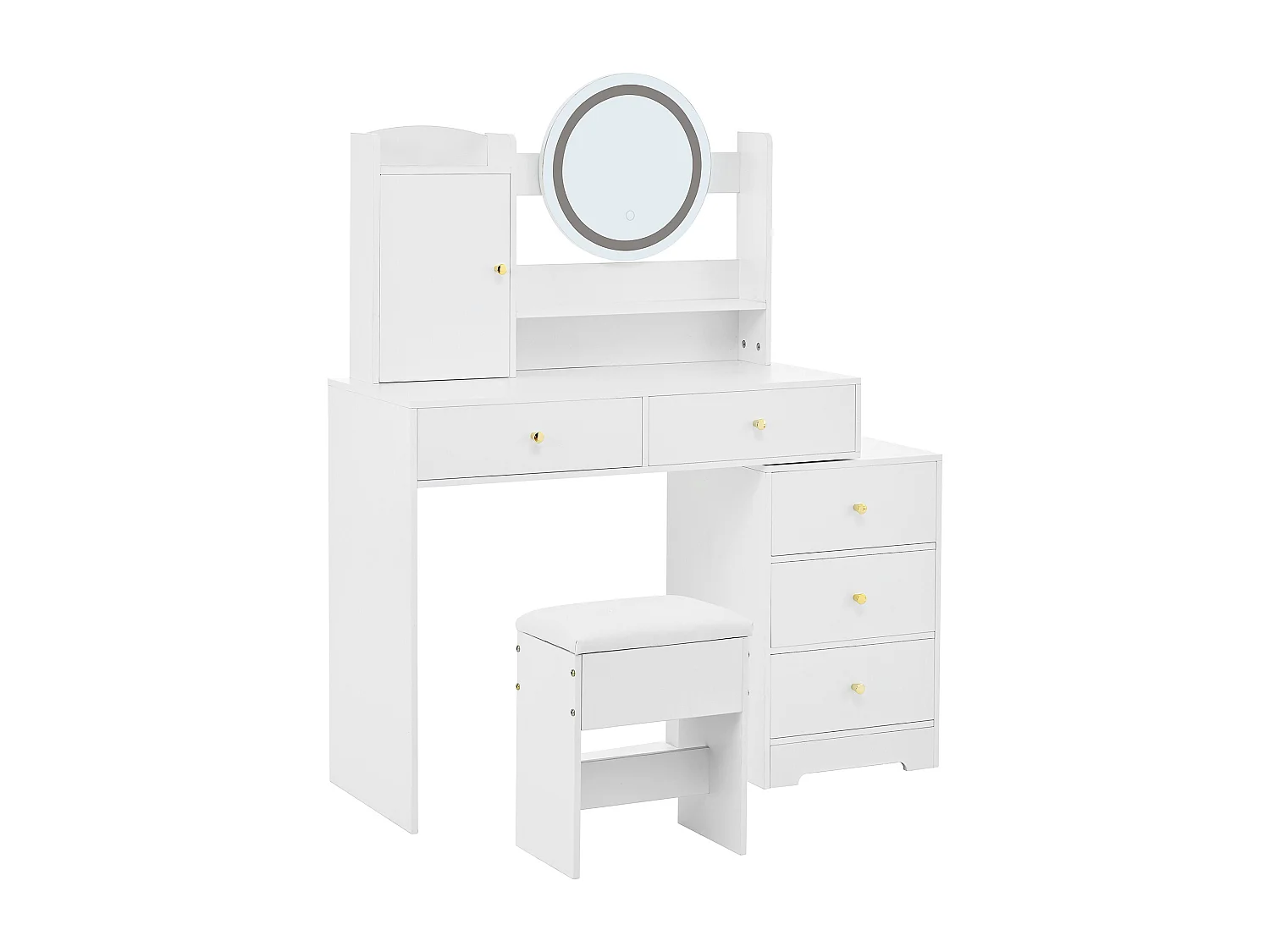 Coiffeuse blanche avec 5 tiroirs, miroir et tabouret, éclairage LED et 1 porte, poignées dorées