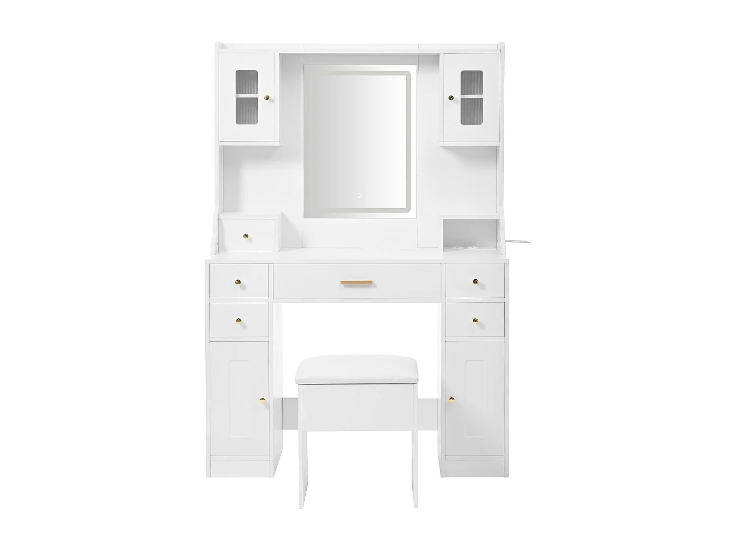 Witte kaptafel met spiegel, 6 lades en 4 deuren, LED-verlichting, stopcontacten en krukken