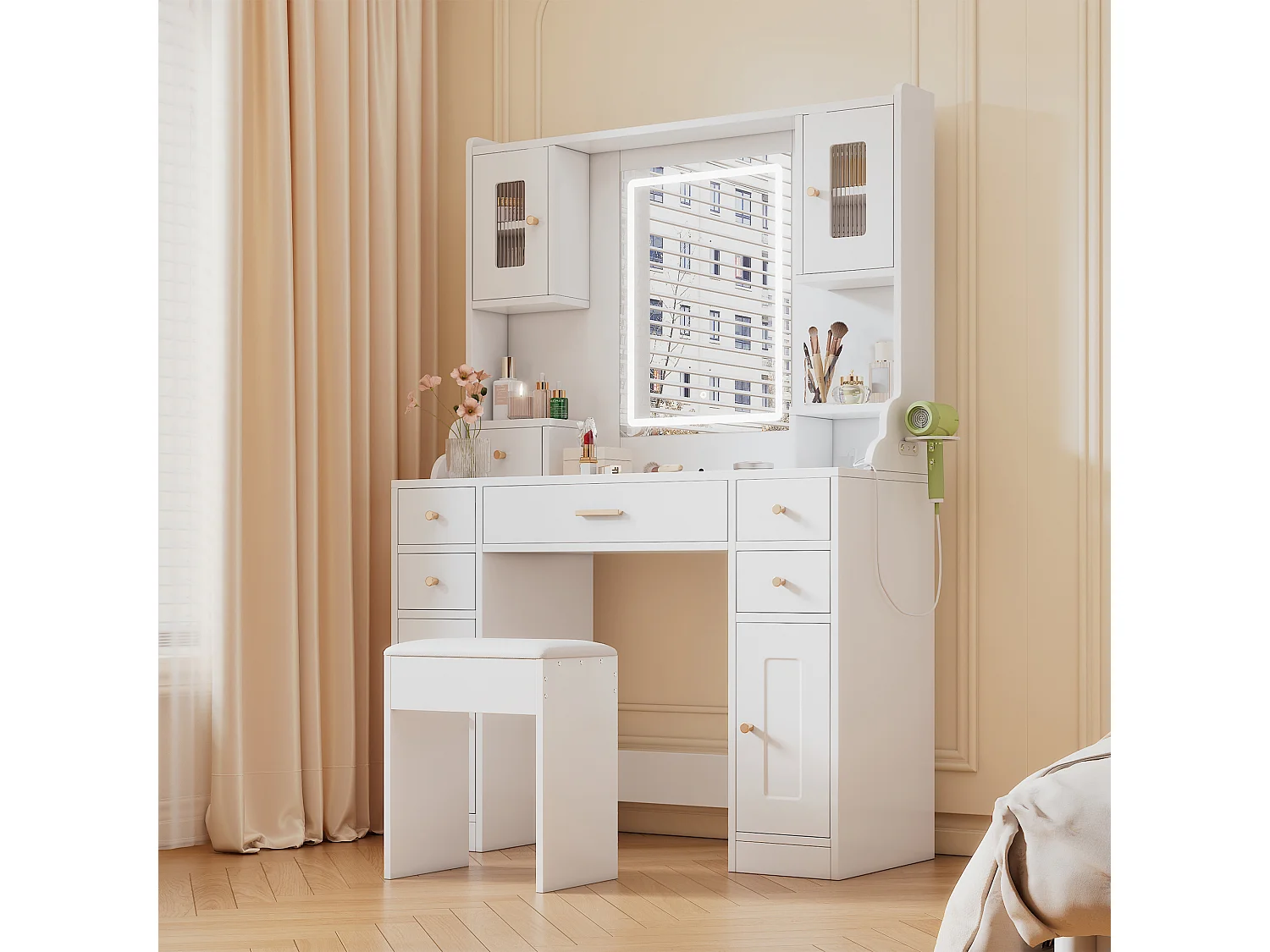 Witte kaptafel met spiegel, 6 lades en 4 deuren, LED-verlichting, stopcontacten en krukken