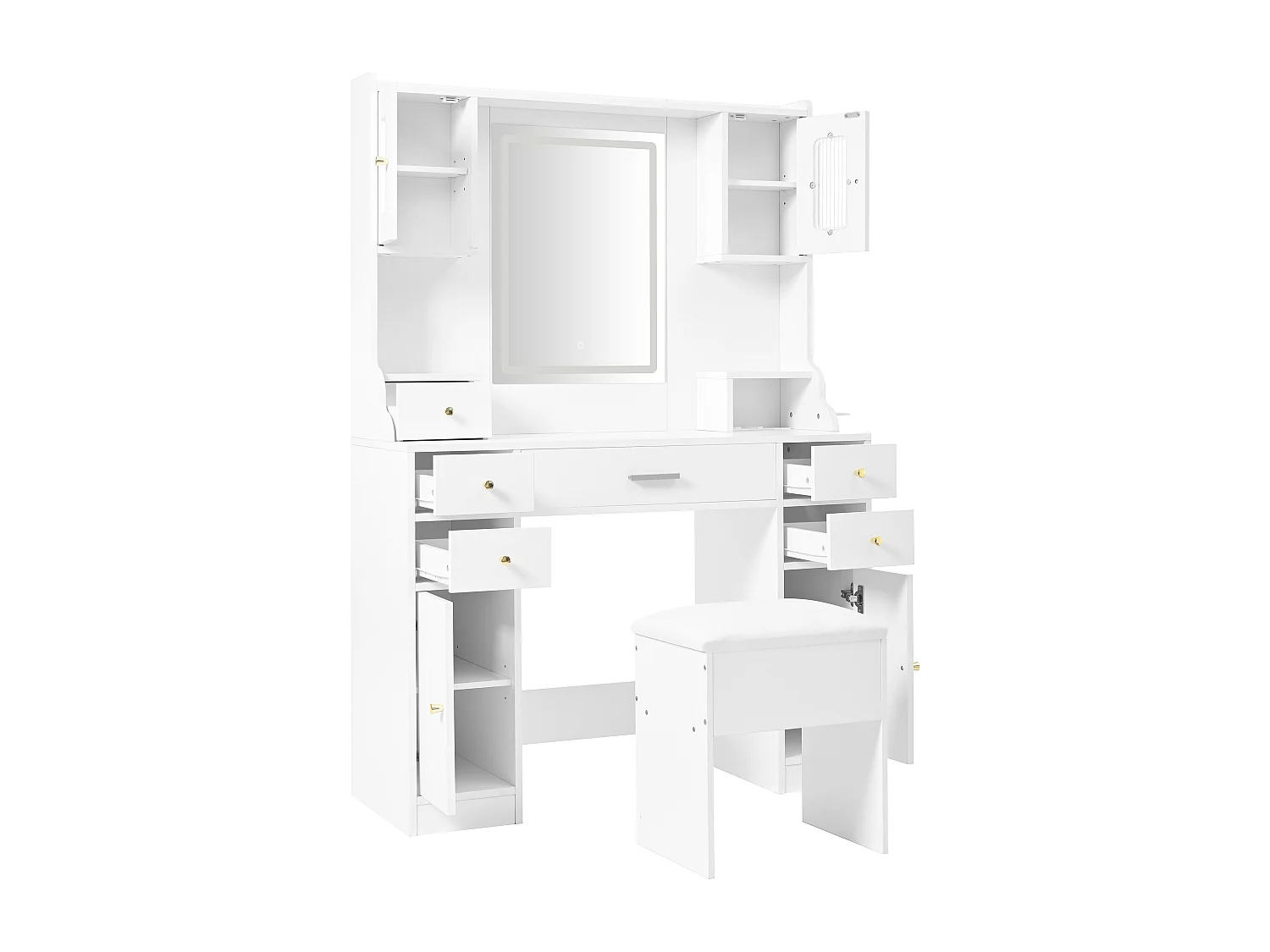 Witte kaptafel met spiegel, 6 lades en 4 deuren, LED-verlichting, stopcontacten en krukken
