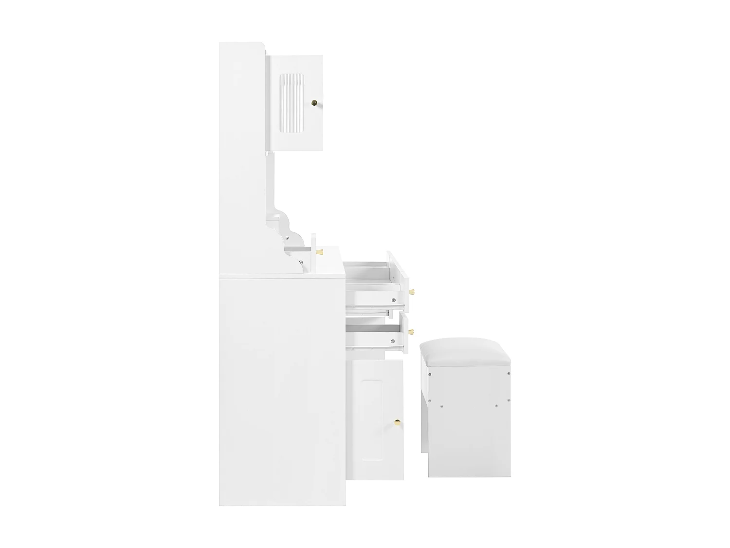 Witte kaptafel met spiegel, 6 lades en 4 deuren, LED-verlichting, stopcontacten en krukken