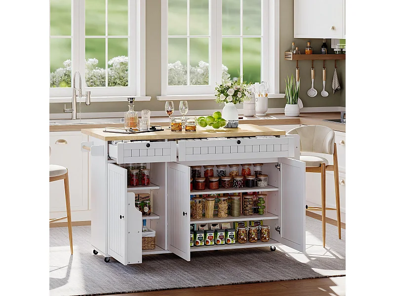 Carrello da cucina con piano ribaltabile, 2 cassetti e 3 ante, 6 ruote bloccabili, bianco