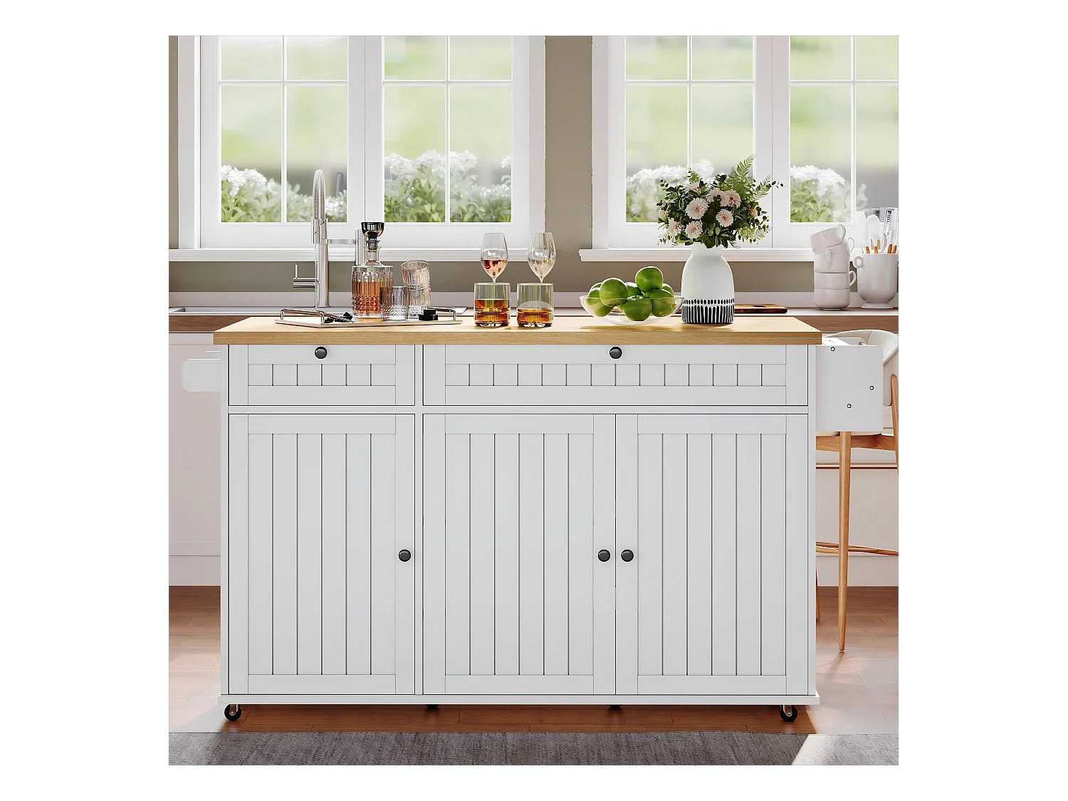 Carrello da cucina con piano ribaltabile, 2 cassetti e 3 ante, 6 ruote bloccabili, bianco