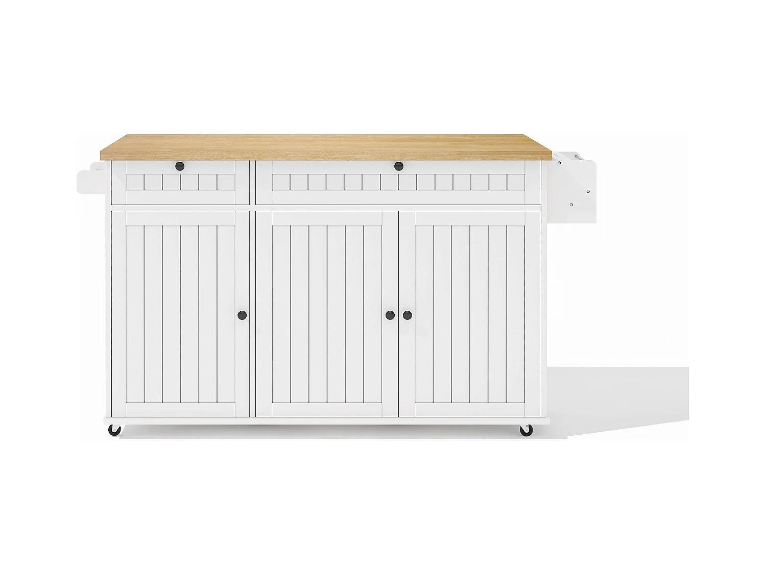 Carrello da cucina con piano ribaltabile, 2 cassetti e 3 ante, 6 ruote bloccabili, bianco