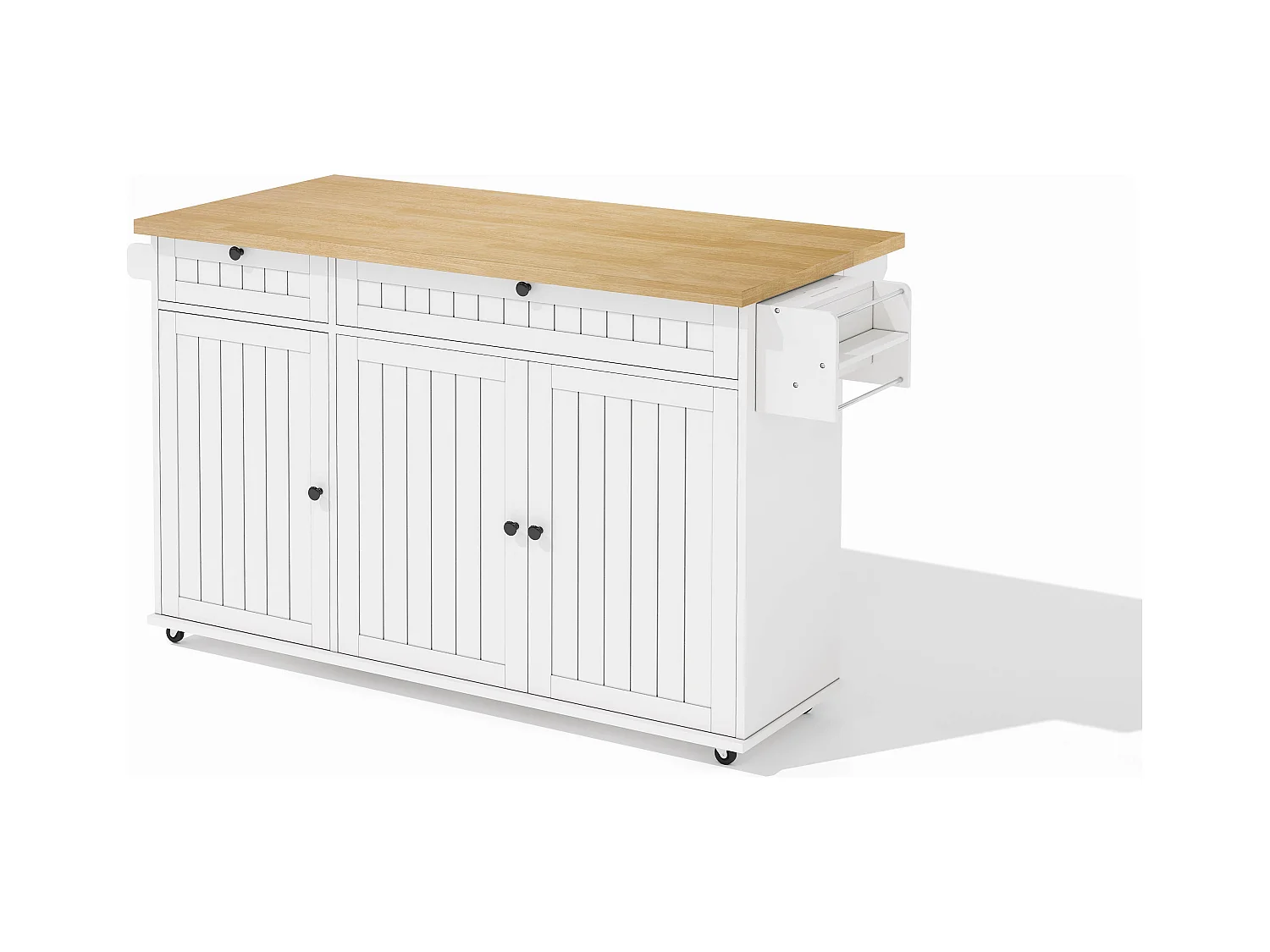 Carrello da cucina con piano ribaltabile, 2 cassetti e 3 ante, 6 ruote bloccabili, bianco