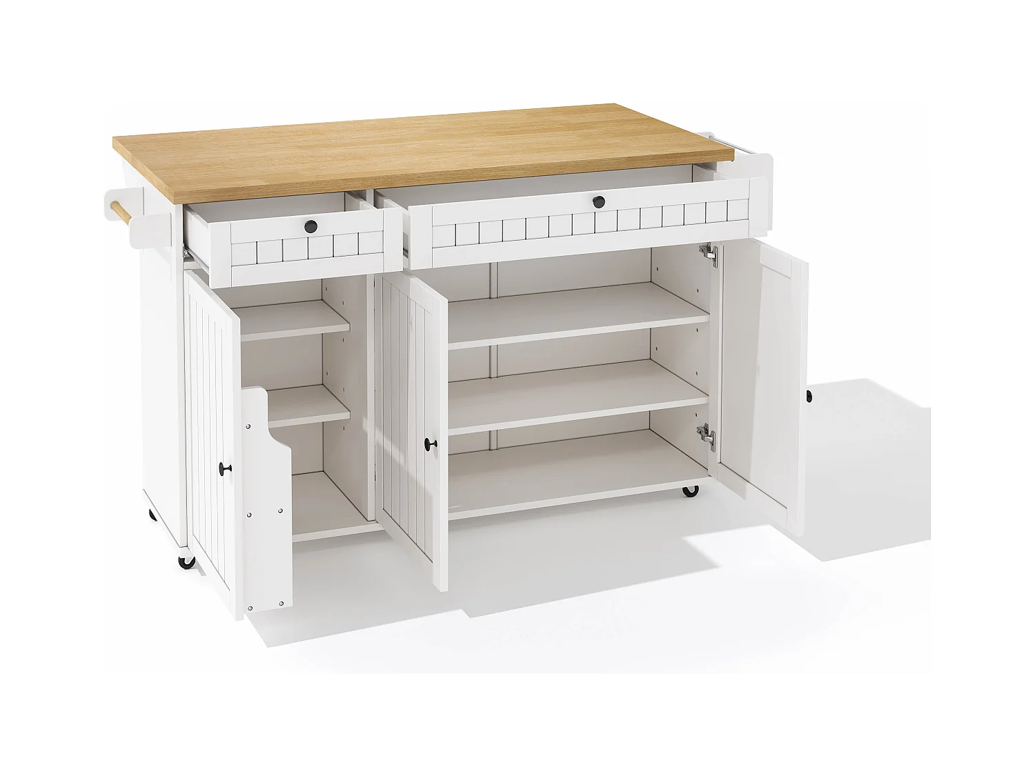 Carrello da cucina con piano ribaltabile, 2 cassetti e 3 ante, 6 ruote bloccabili, bianco