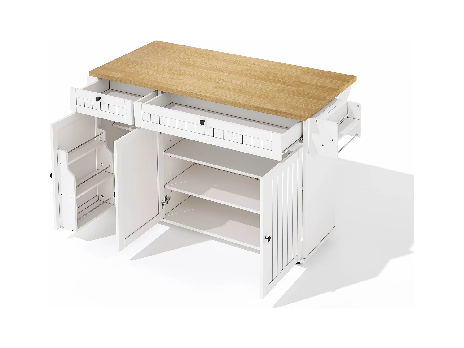 Carrello da cucina con piano ribaltabile, 2 cassetti e 3 ante, 6 ruote bloccabili, bianco