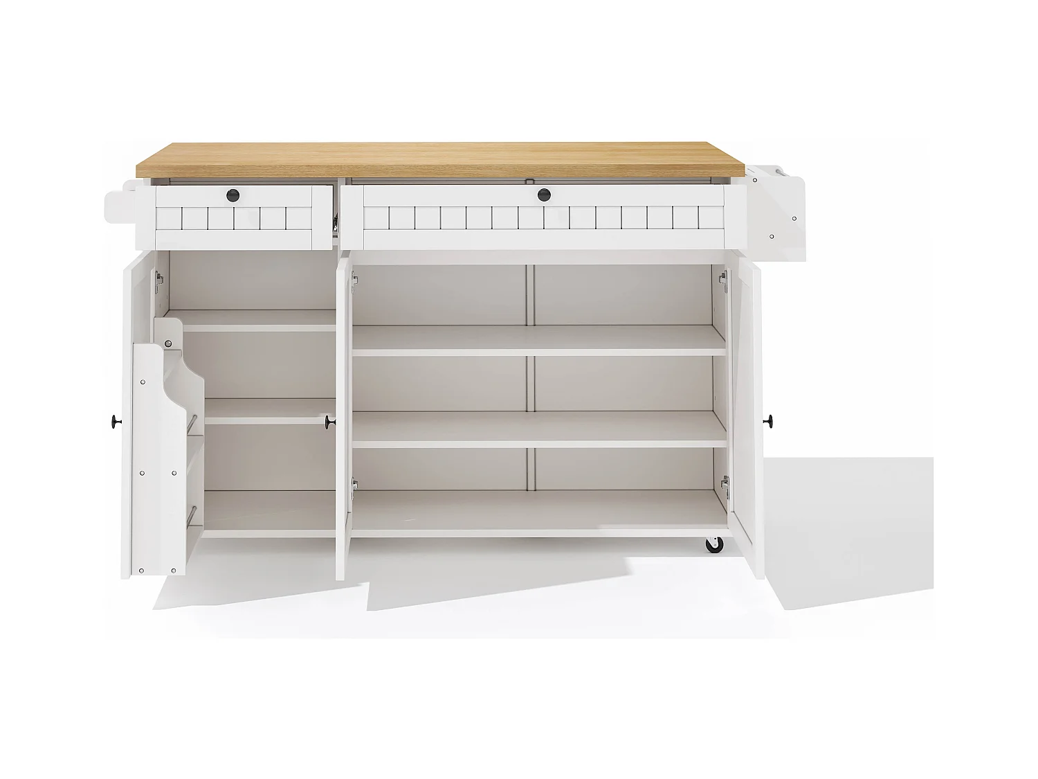 Carrello da cucina con piano ribaltabile, 2 cassetti e 3 ante, 6 ruote bloccabili, bianco