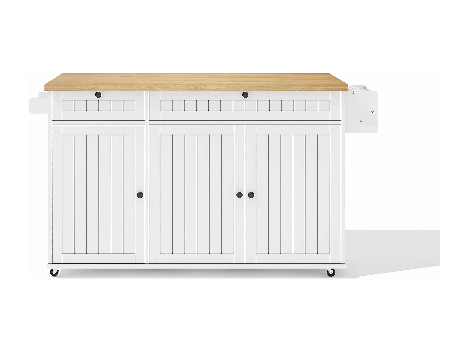 Desserte de cuisine avec plateau rabattable, 2 tiroirs et 3 portes, 6 roulettes verrouillables, blanc