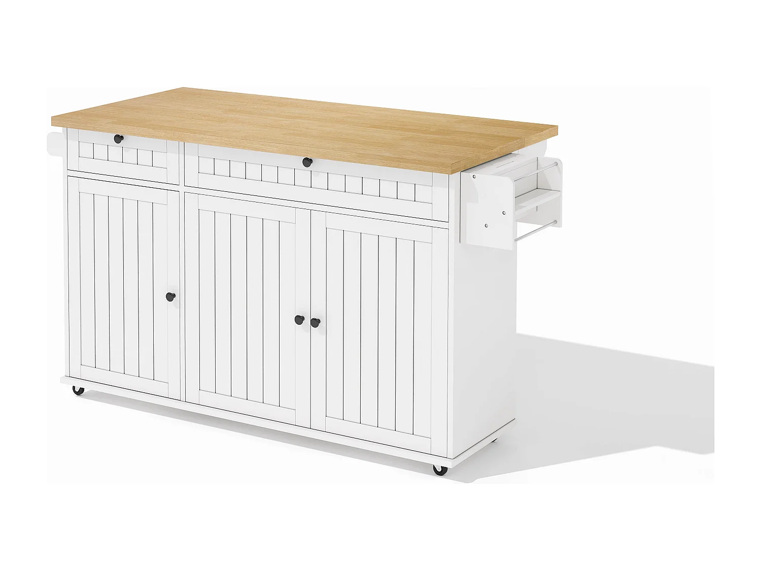 Desserte de cuisine avec plateau rabattable, 2 tiroirs et 3 portes, 6 roulettes verrouillables, blanc