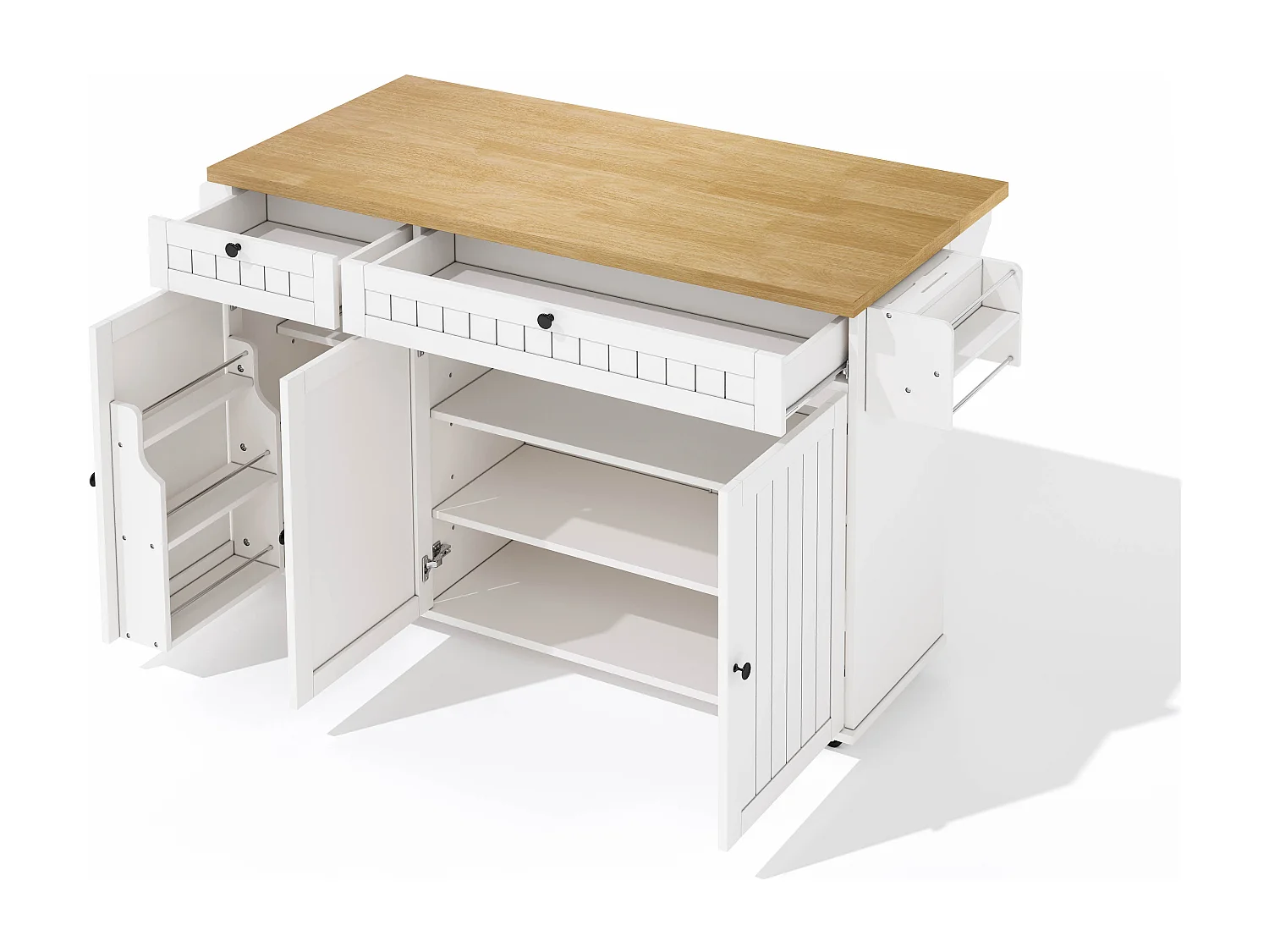 Desserte de cuisine avec plateau rabattable, 2 tiroirs et 3 portes, 6 roulettes verrouillables, blanc