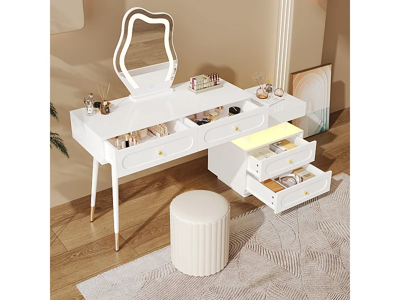 Witte kaptafel met LED-spiegel en 4 lades, gouden handgrepen (zonder kruk)