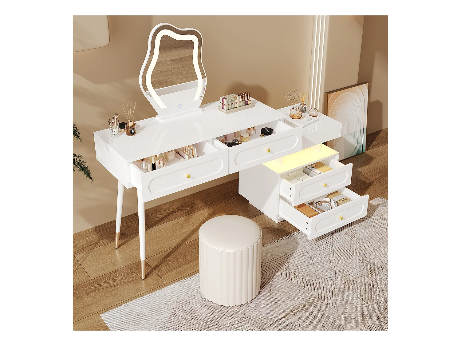 Witte kaptafel met LED-spiegel en 4 lades, gouden handgrepen (zonder kruk)