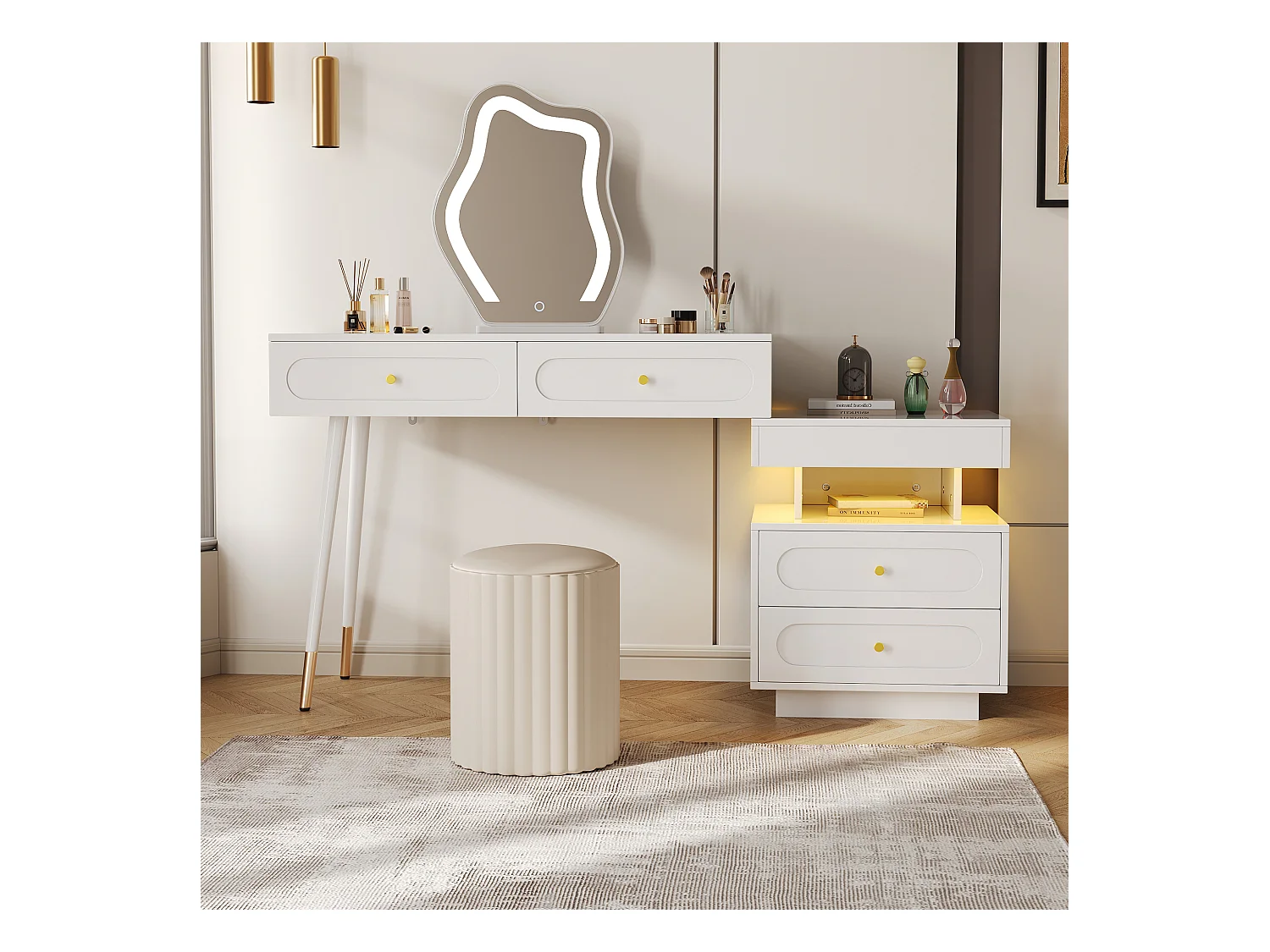 Witte kaptafel met LED-spiegel en 4 lades, gouden handgrepen (zonder kruk)