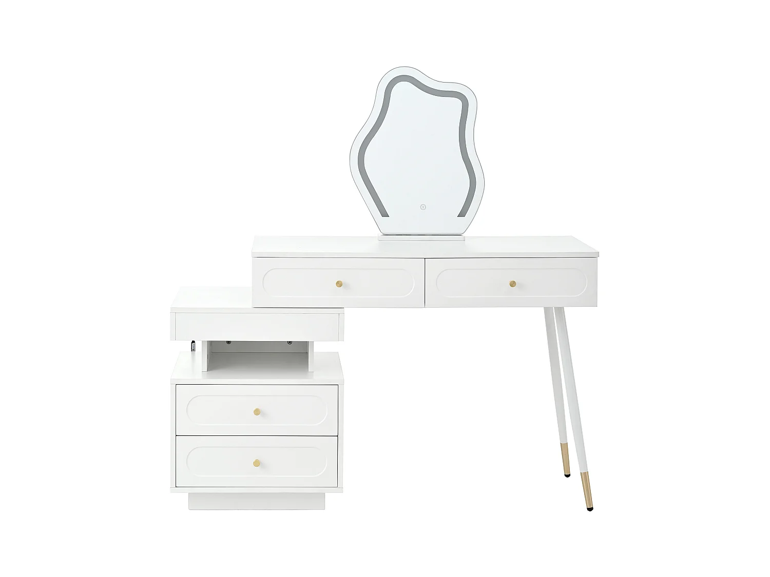 Witte kaptafel met LED-spiegel en 4 lades, gouden handgrepen (zonder kruk)
