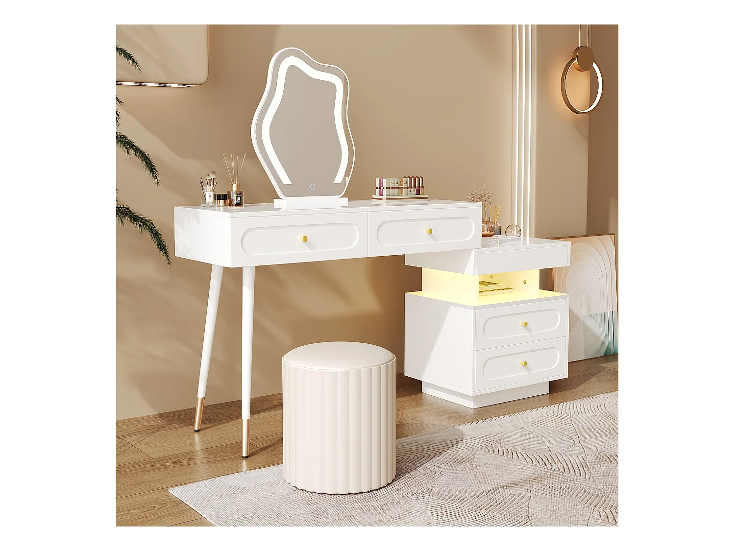 Witte kaptafel met LED-spiegel en 4 lades, gouden handgrepen (zonder kruk)