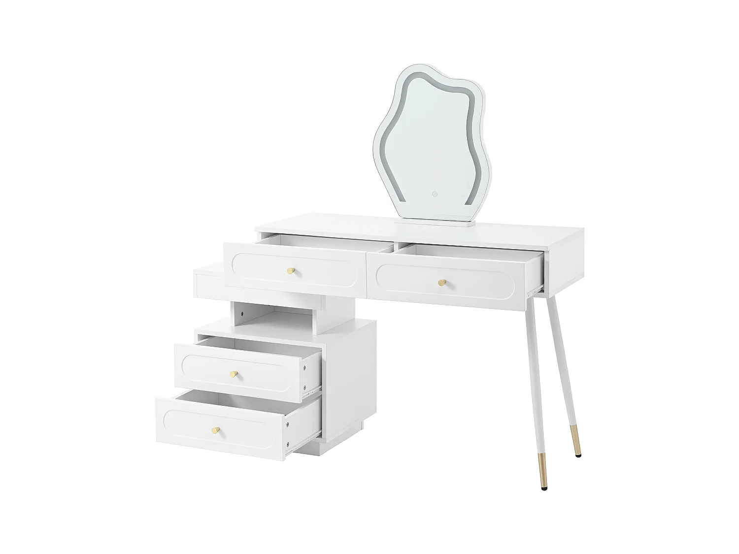 Witte kaptafel met LED-spiegel en 4 lades, gouden handgrepen (zonder kruk)
