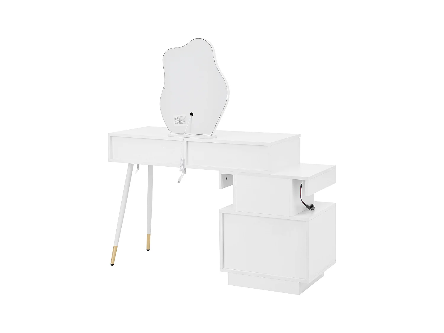 Witte kaptafel met LED-spiegel en 4 lades, gouden handgrepen (zonder kruk)