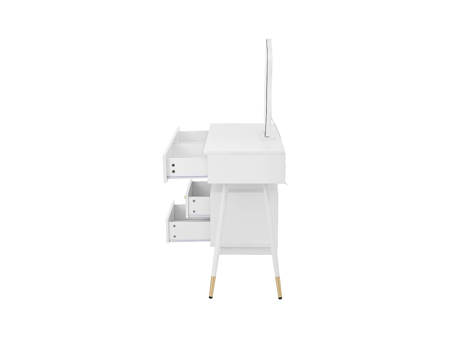 Witte kaptafel met LED-spiegel en 4 lades, gouden handgrepen (zonder kruk)
