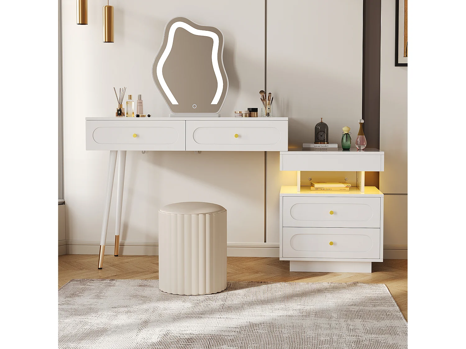 Coiffeuse blanche avec miroir LED et 4 tiroirs, poignées dorées (sans tabouret)