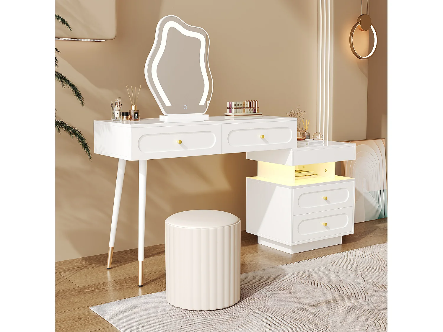 Coiffeuse blanche avec miroir LED et 4 tiroirs, poignées dorées (sans tabouret)