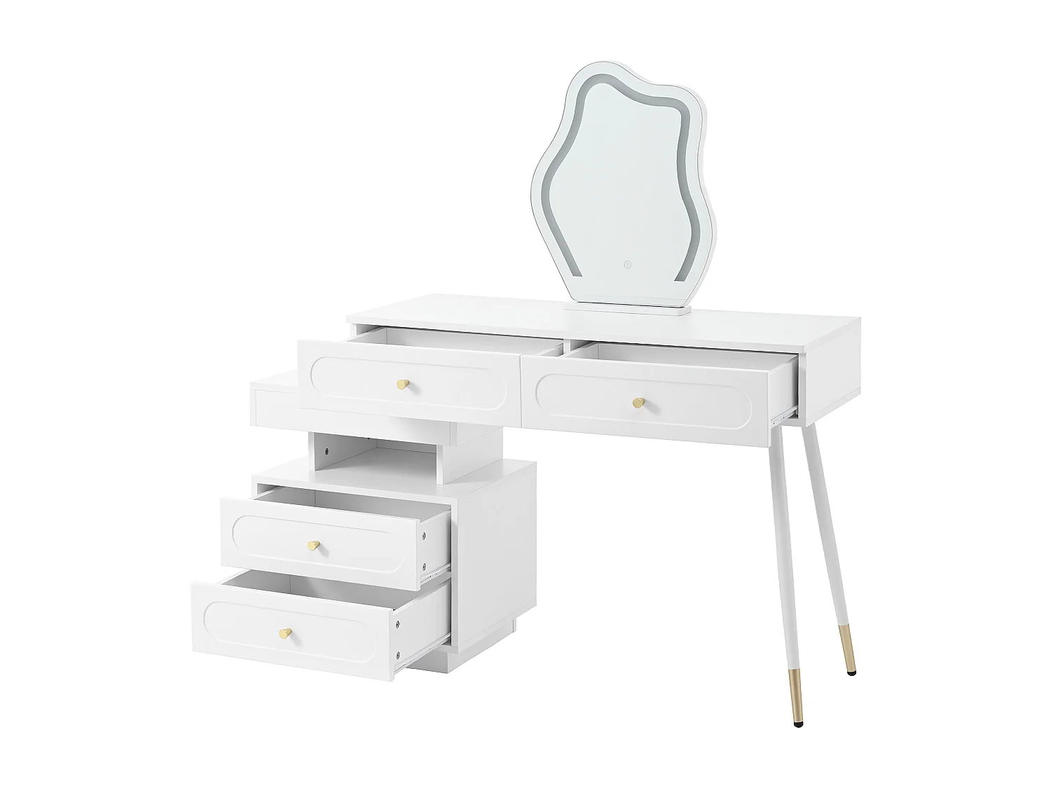 Coiffeuse blanche avec miroir LED et 4 tiroirs, poignées dorées (sans tabouret)