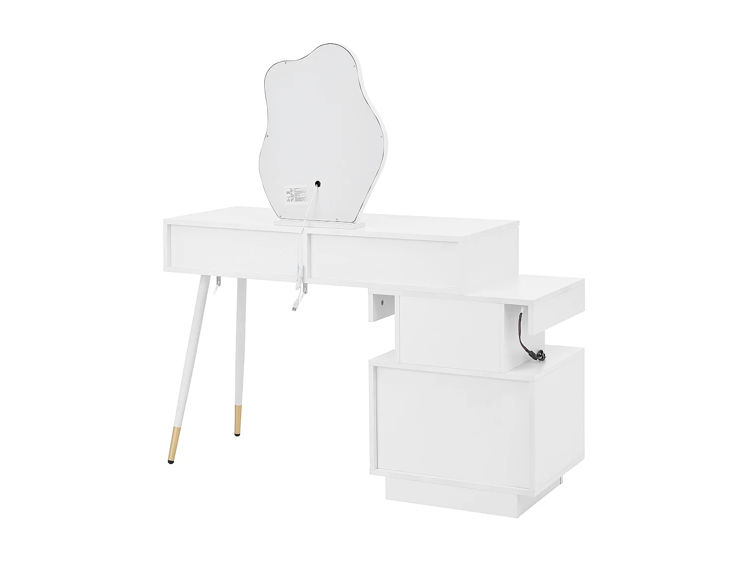 Coiffeuse blanche avec miroir LED et 4 tiroirs, poignées dorées (sans tabouret)