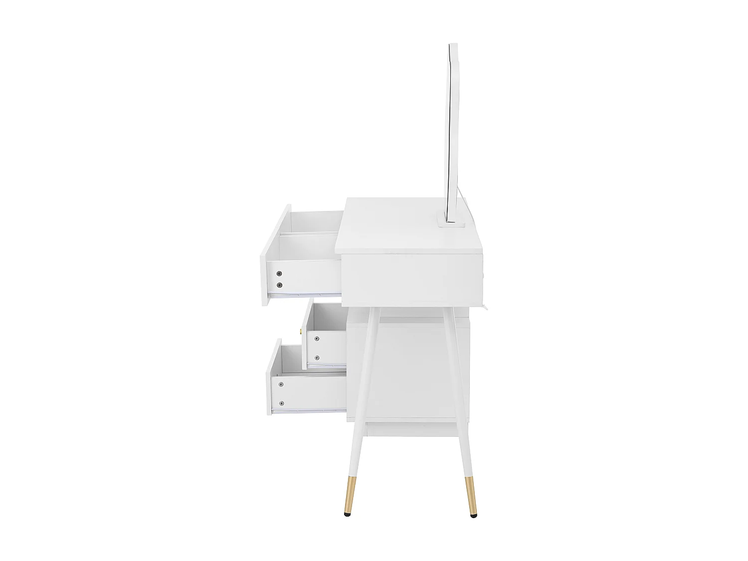 Coiffeuse blanche avec miroir LED et 4 tiroirs, poignées dorées (sans tabouret)