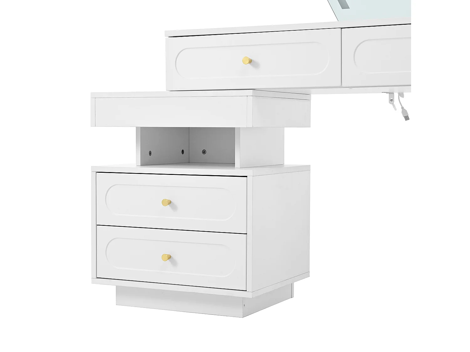 Coiffeuse blanche avec miroir LED et 4 tiroirs, poignées dorées (sans tabouret)