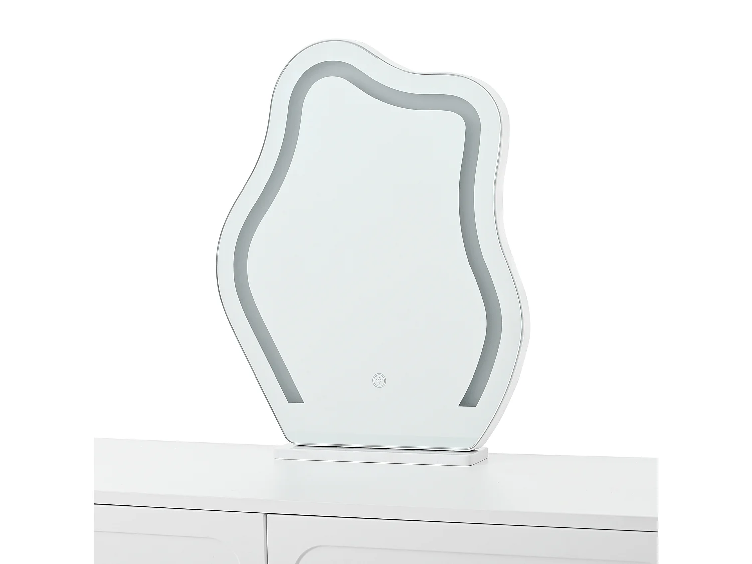 Coiffeuse blanche avec miroir LED et 4 tiroirs, poignées dorées (sans tabouret)