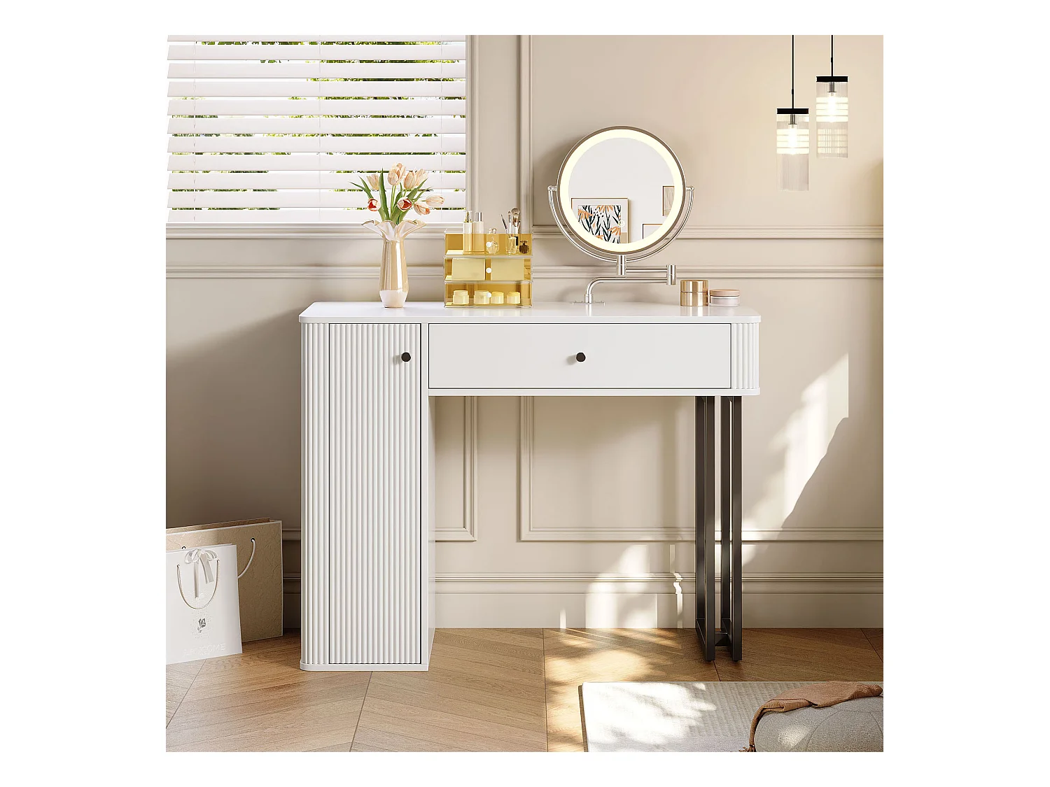 Coiffeuse avec miroir Leds - 100 x 40 x 116 - avec 1 tiroir + 1 porte - sans tabouret - aggloméré - blanc