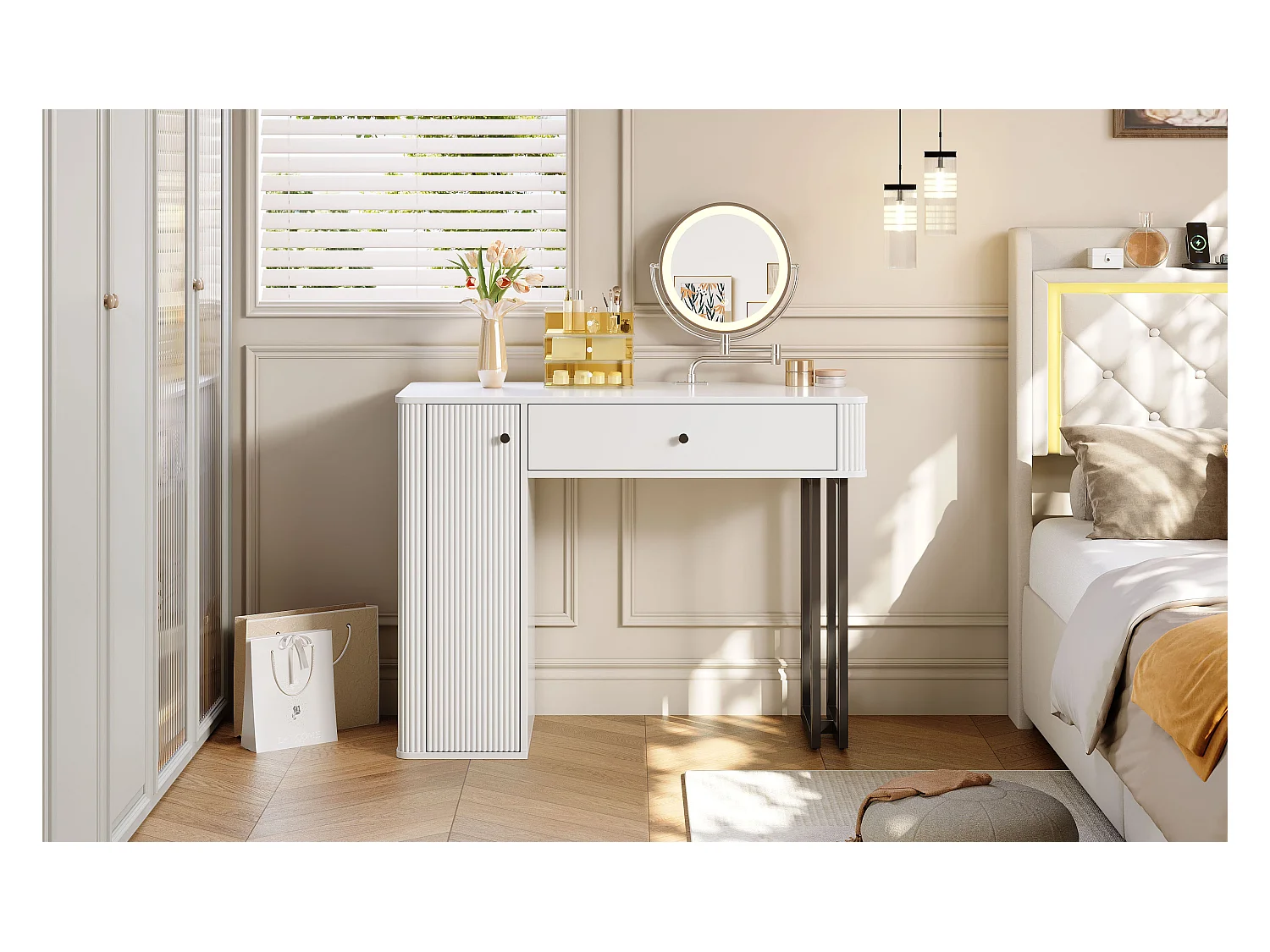 Coiffeuse avec miroir Leds - 100 x 40 x 116 - avec 1 tiroir + 1 porte - sans tabouret - aggloméré - blanc