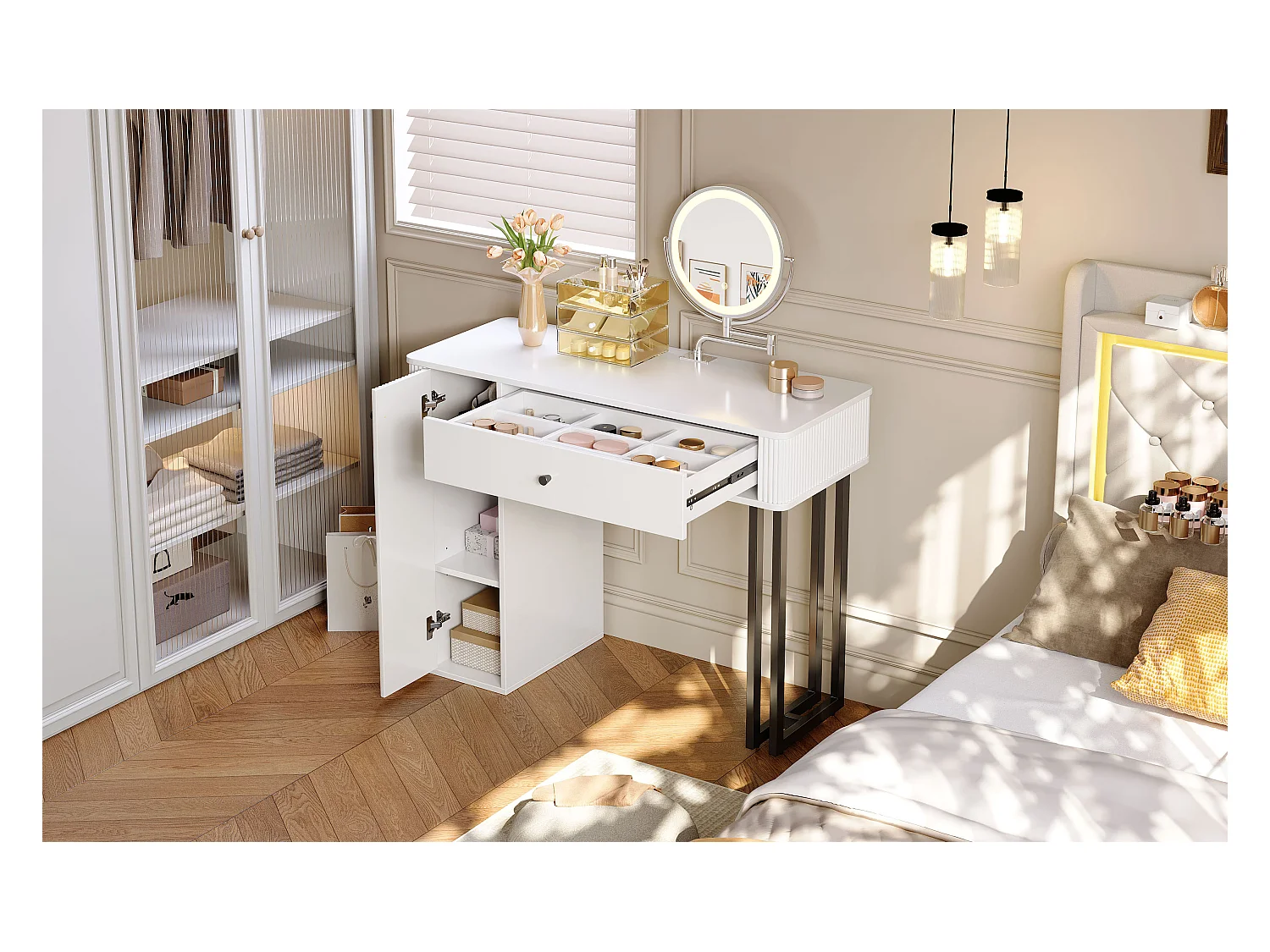 Coiffeuse avec miroir Leds - 100 x 40 x 116 - avec 1 tiroir + 1 porte - sans tabouret - aggloméré - blanc