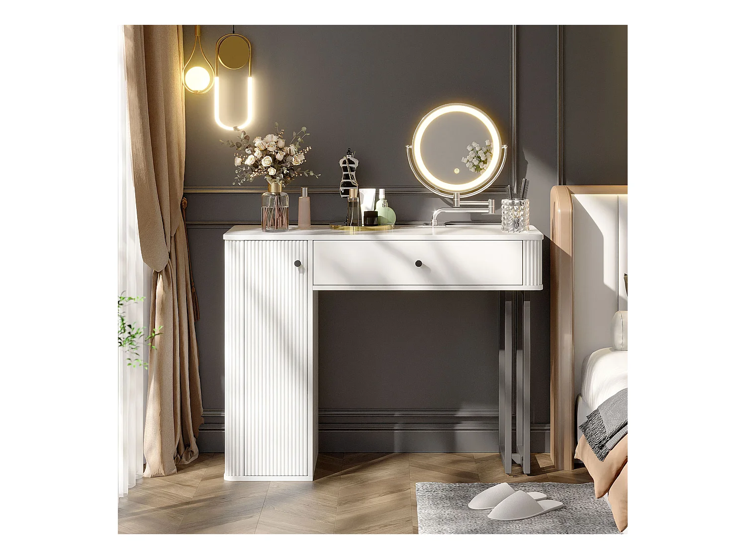 Coiffeuse avec miroir Leds - 100 x 40 x 116 - avec 1 tiroir + 1 porte - sans tabouret - aggloméré - blanc