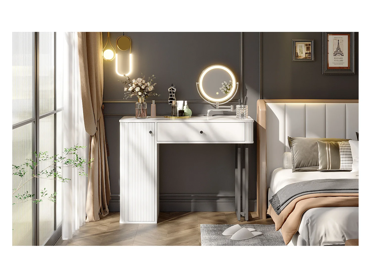 Coiffeuse avec miroir Leds - 100 x 40 x 116 - avec 1 tiroir + 1 porte - sans tabouret - aggloméré - blanc