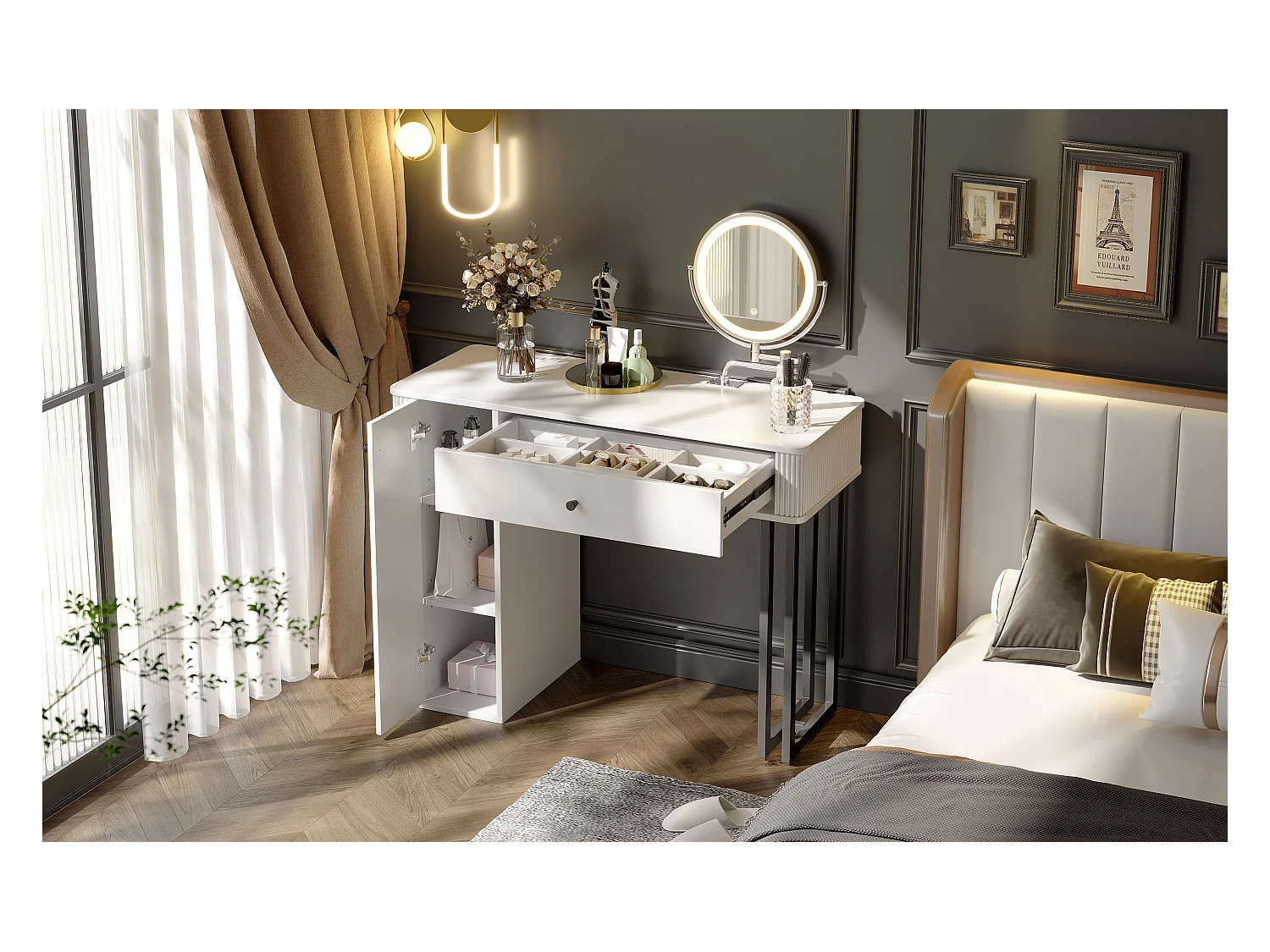 Coiffeuse avec miroir Leds - 100 x 40 x 116 - avec 1 tiroir + 1 porte - sans tabouret - aggloméré - blanc