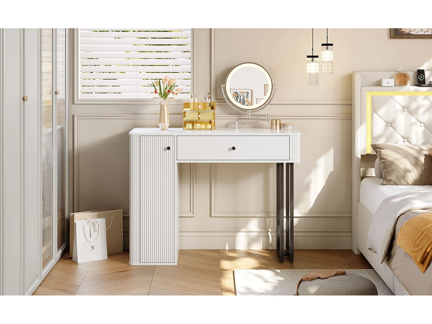 Coiffeuse avec miroir Leds - 100 x 40 x 116 - avec 1 tiroir + 1 porte - sans tabouret - aggloméré - blanc